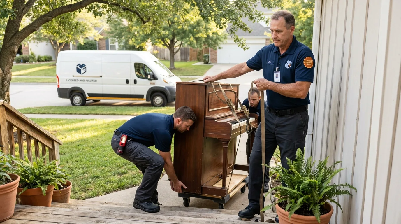 Licensed piano movers securing grand piano in Northampton, MA