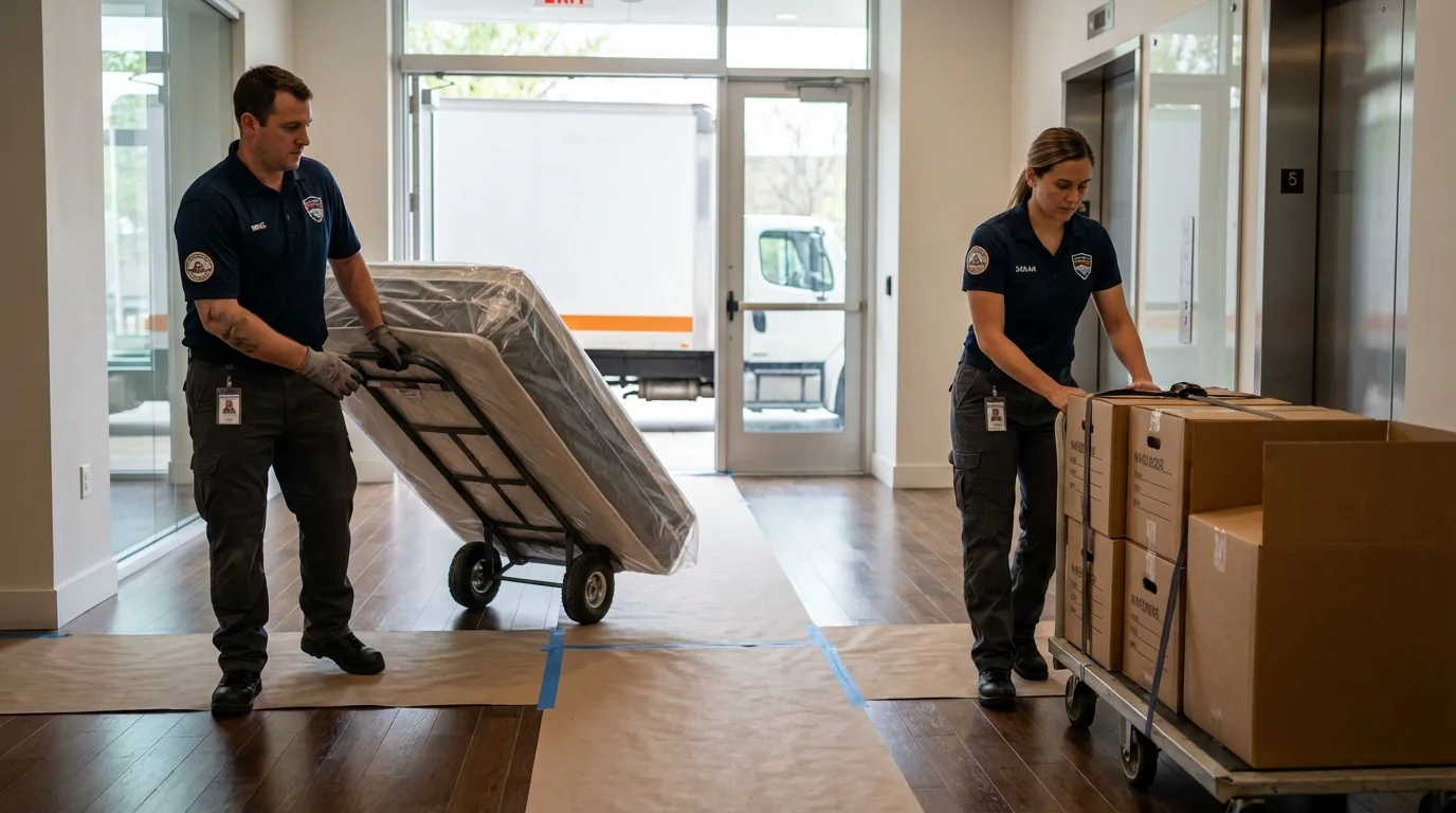 Professional apartment movers loading elevator in Northampton, MA