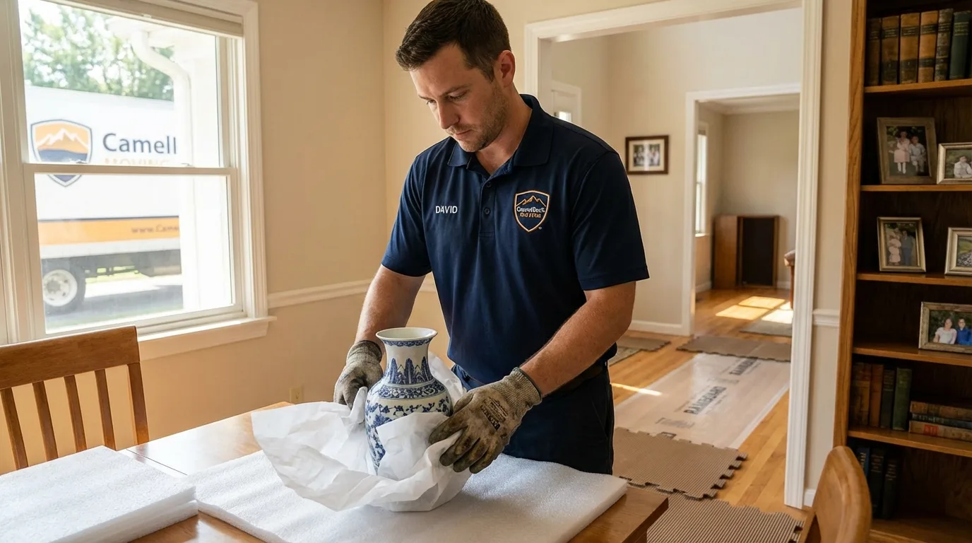 Professional crew carefully wrapping antique vase for senior downsizing move in Northampton, MA